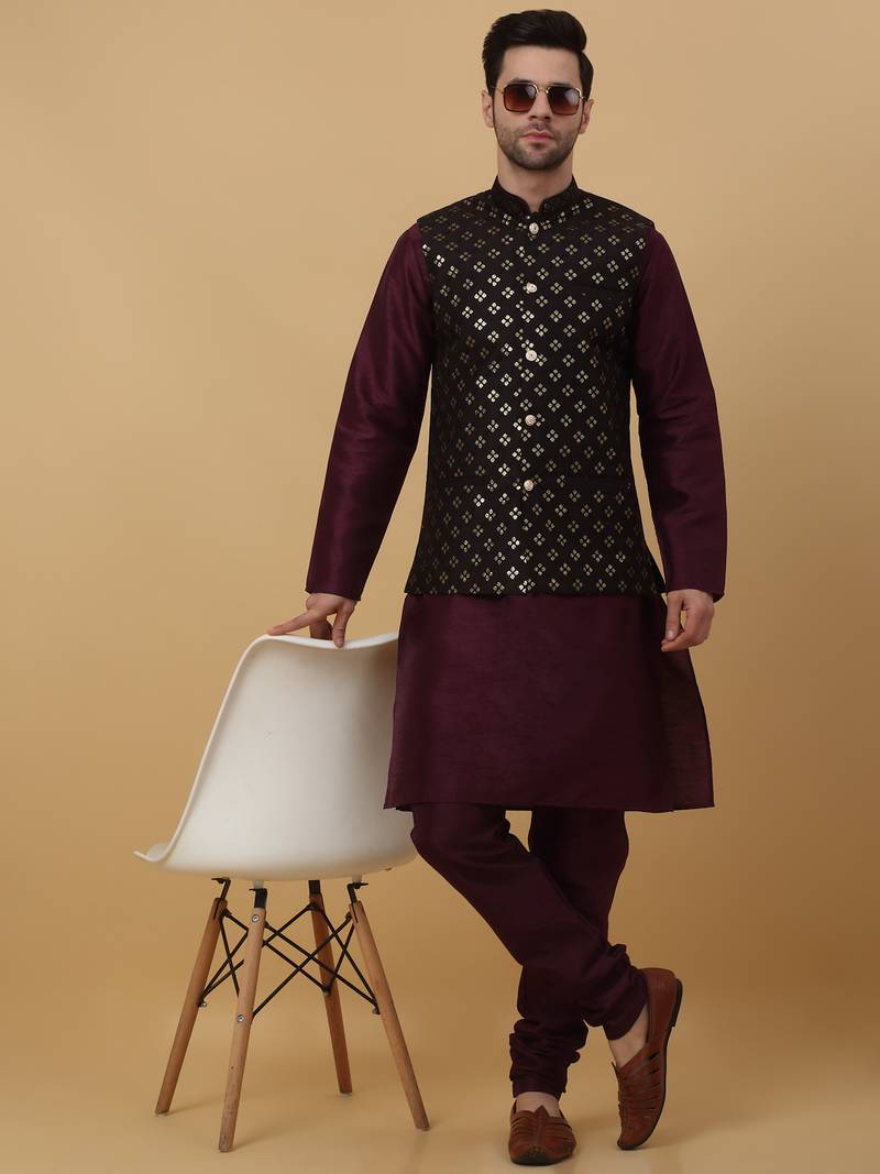 Men's purple kurta and churidar with sequenced cotton silk nehru jacket
