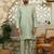 Silk blend solid olive kurta and churidar with green printed nehru jacket