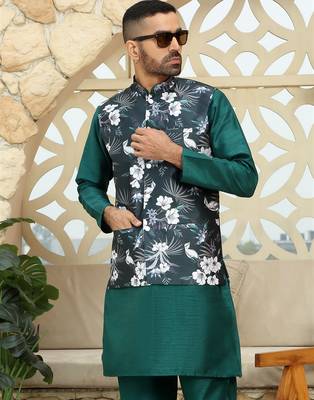 Silk blend solid green kurta and churidar with floral nehru jacket 1