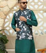 Silk blend solid green kurta and churidar with floral nehru jacket