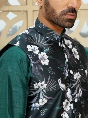 Silk blend solid green kurta and churidar with floral nehru jacket 2