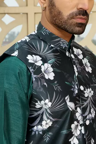 Silk blend solid green kurta and churidar with floral nehru jacket