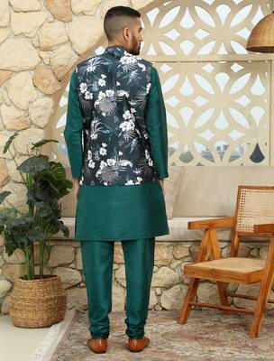 Silk blend solid green kurta and churidar with floral nehru jacket 3