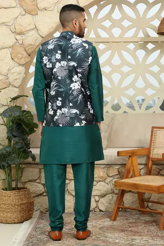 Silk blend solid green kurta and churidar with floral nehru jacket