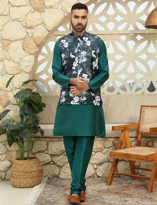 Silk blend solid green kurta and churidar with floral nehru jacket 4