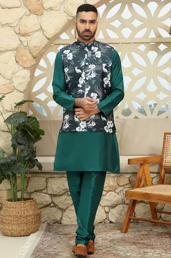 Silk blend solid green kurta and churidar with floral nehru jacket
