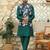 Silk blend solid green kurta and churidar with floral nehru jacket