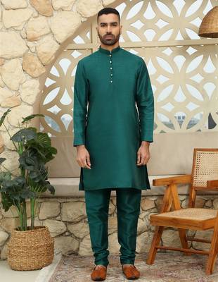 Silk blend solid green kurta and churidar with floral nehru jacket 5