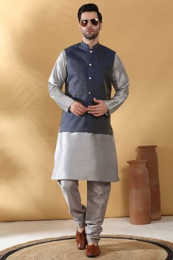 Silk blend grey kurta and churidar with jacquard geometric blue nehru jacket