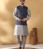 Silk blend grey kurta and churidar with jacquard geometric blue nehru jacket