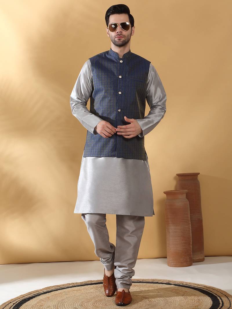 Silk blend grey kurta and churidar with jacquard geometric blue nehru jacket