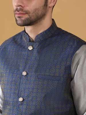 Silk blend grey kurta and churidar with jacquard geometric blue nehru jacket 2