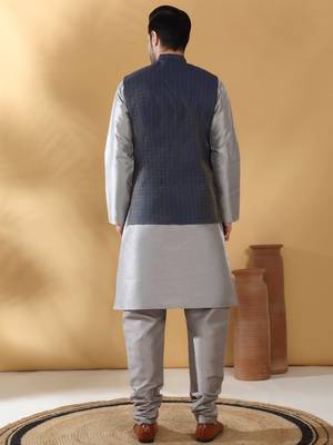 Silk blend grey kurta and churidar with jacquard geometric blue nehru jacket 3