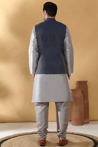 Silk blend grey kurta and churidar with jacquard geometric blue nehru jacket