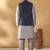 Silk blend grey kurta and churidar with jacquard geometric blue nehru jacket