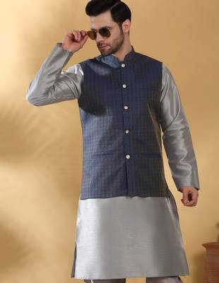 Silk blend grey kurta and churidar with jacquard geometric blue nehru jacket 4
