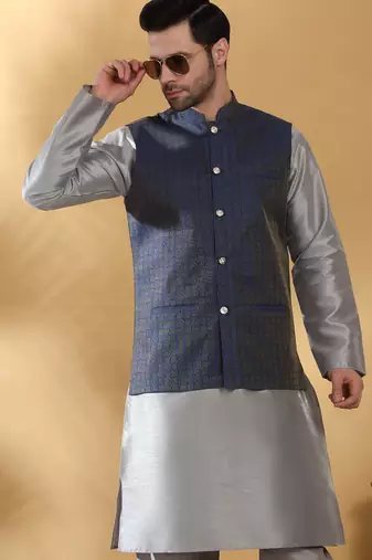 Silk blend grey kurta and churidar with jacquard geometric blue nehru jacket