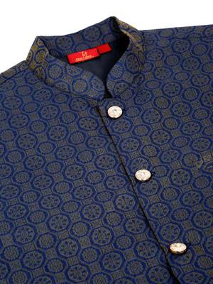 Silk blend grey kurta and churidar with jacquard geometric blue nehru jacket 5