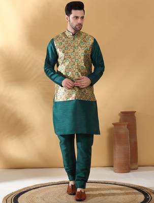 Silk bleand green kurta churidar with abstract printed green nehru jacket 1
