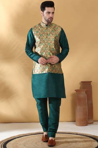 Silk bleand green kurta churidar with abstract printed green nehru jacket