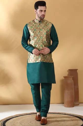 Silk bleand green kurta churidar with abstract printed green nehru jacket