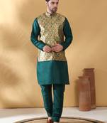 Silk bleand green kurta churidar with abstract printed green nehru jacket