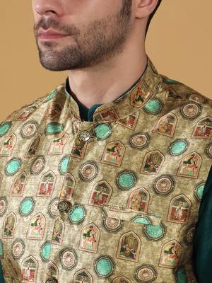 Silk bleand green kurta churidar with abstract printed green nehru jacket 2
