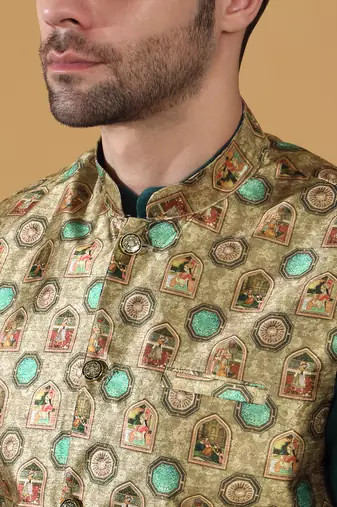 Silk bleand green kurta churidar with abstract printed green nehru jacket