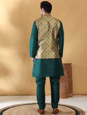 Silk bleand green kurta churidar with abstract printed green nehru jacket 3