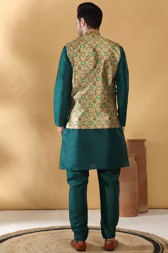 Silk bleand green kurta churidar with abstract printed green nehru jacket