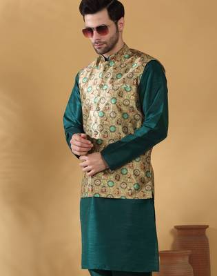 Silk bleand green kurta churidar with abstract printed green nehru jacket 4