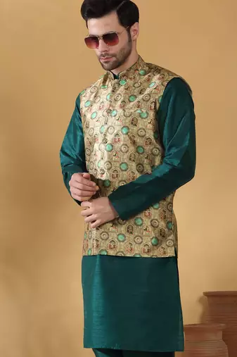 Silk bleand green kurta churidar with abstract printed green nehru jacket