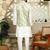 Silk blend solid cream kurta and churidar with tie-dye green nehru jacket