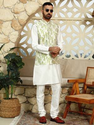 Silk blend solid cream kurta and churidar with tie-dye green nehru jacket 5