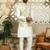 Silk blend solid cream kurta and churidar with tie-dye green nehru jacket