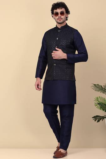 Men silk blend navy blue kurta and churidar with embroidered nehru jacket