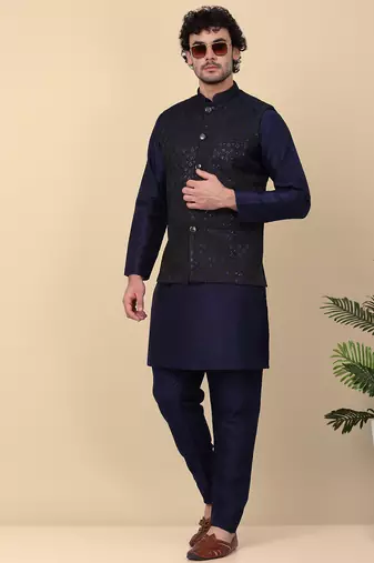 Men silk blend navy blue kurta and churidar with embroidered nehru jacket