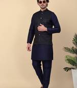 Men silk blend navy blue kurta and churidar with embroidered nehru jacket