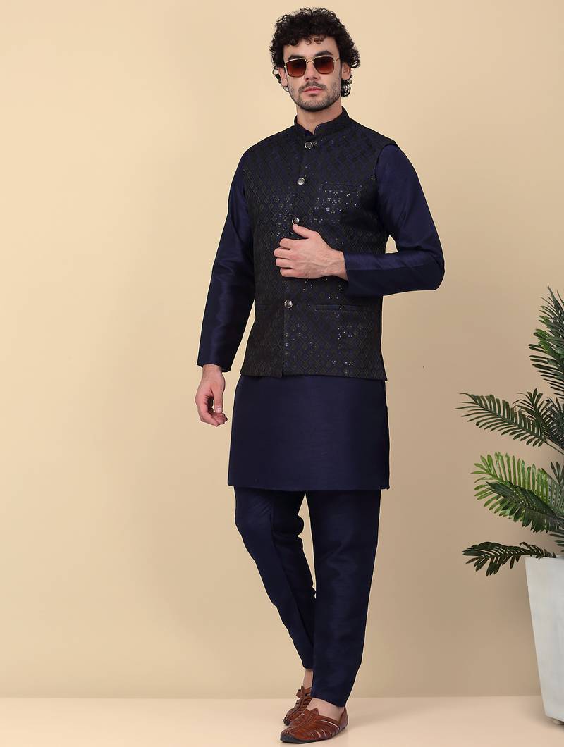 Men silk blend navy blue kurta and churidar with embroidered nehru jacket