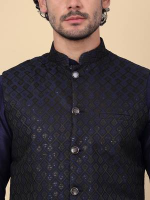 Men silk blend navy blue kurta and churidar with embroidered nehru jacket 2