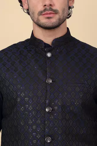Men silk blend navy blue kurta and churidar with embroidered nehru jacket