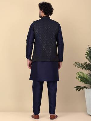 Men silk blend navy blue kurta and churidar with embroidered nehru jacket 3