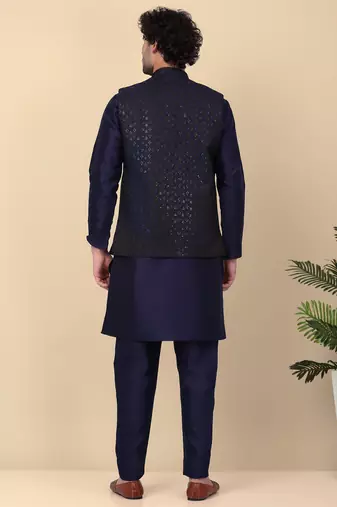 Men silk blend navy blue kurta and churidar with embroidered nehru jacket