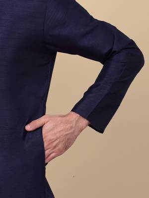 Men silk blend navy blue kurta and churidar with embroidered nehru jacket 4
