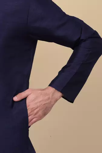 Men silk blend navy blue kurta and churidar with embroidered nehru jacket