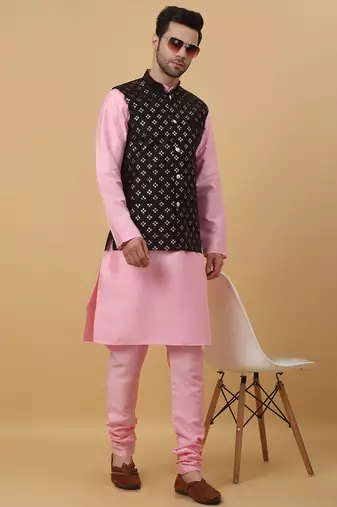 Men's pink kurta and churidar with sequenced cotton silk nehru jacket
