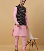 Men's pink kurta and churidar with sequenced cotton silk nehru jacket
