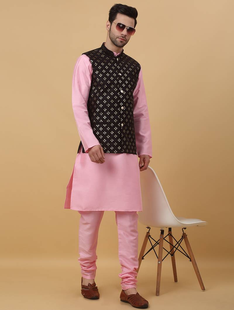 Men's pink kurta and churidar with sequenced cotton silk nehru jacket