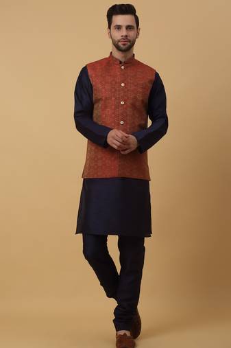 Men's navy blue kurta and churidar with jacquard ethnic motifs printed nehru jacket