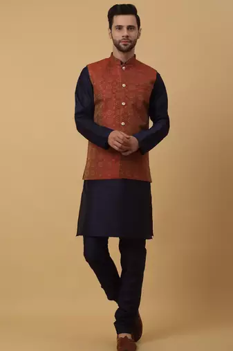 Men's navy blue kurta and churidar with jacquard ethnic motifs printed nehru jacket